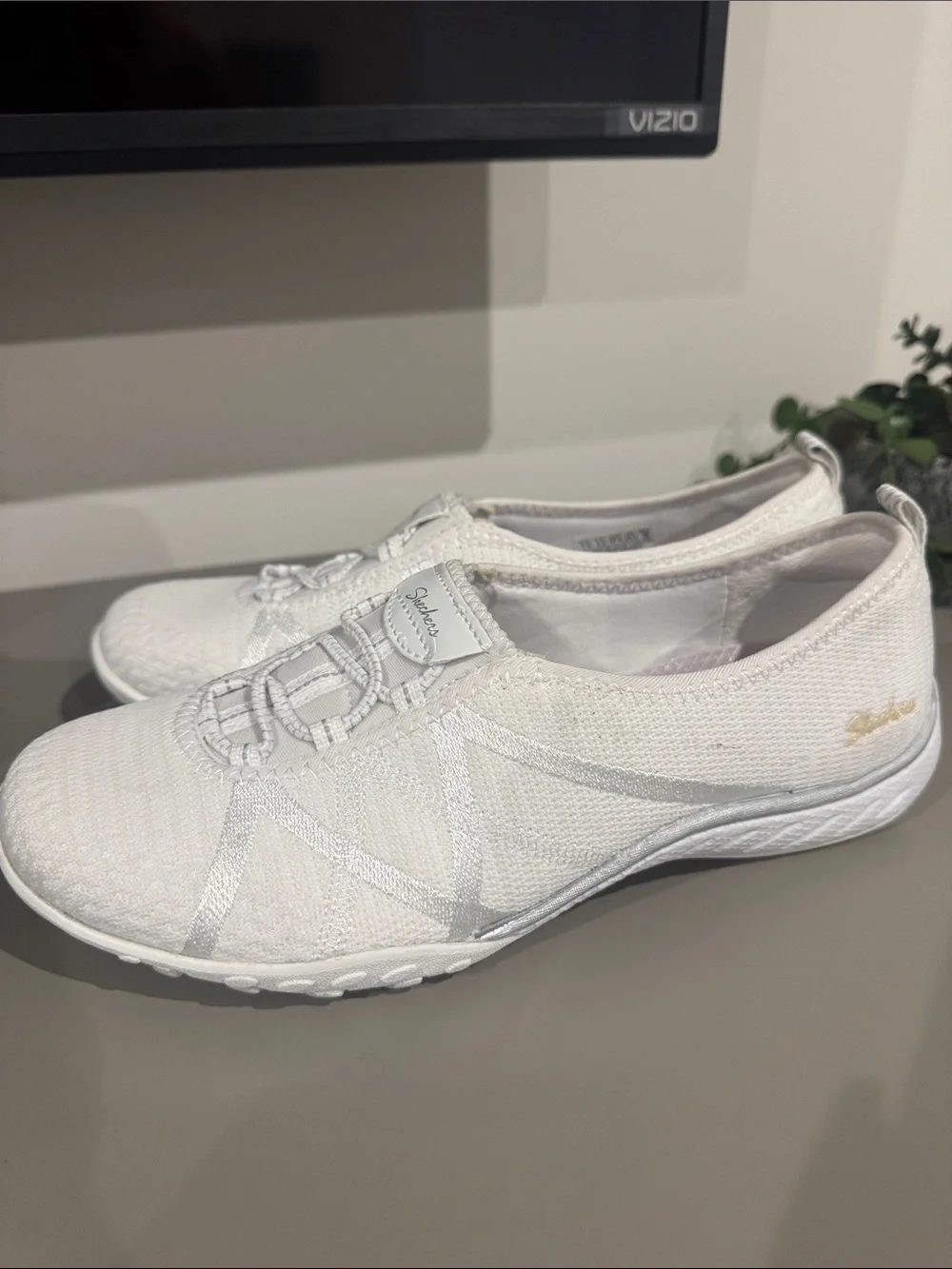 Skechers Women's White Slip-On Knit Athletic Sneakers